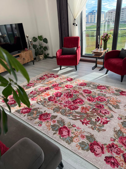 Beyaz Karabağ Çiçek Motifli Dijital Baskı Kaymaz Taban Makinede Yıkanabilir Halı
