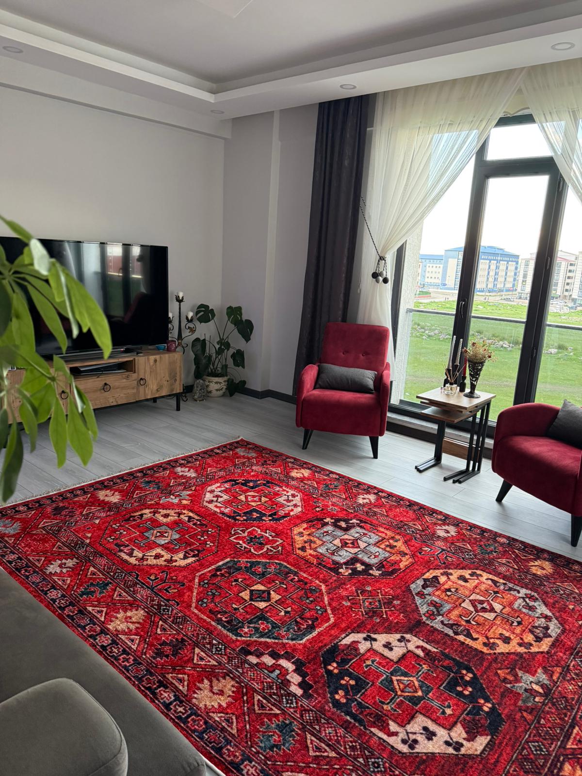 Anadolu Kırmızı Dijital Baskı Kaymaz Taban Makinede Yıkanabilir Halı